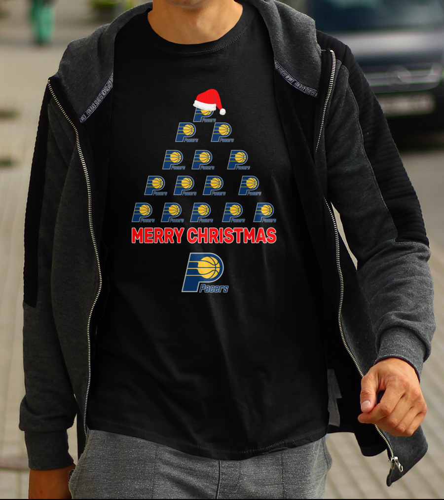 Merry Christmas Pacers Logo Christmas Tree With Santa Hat T-Shirt