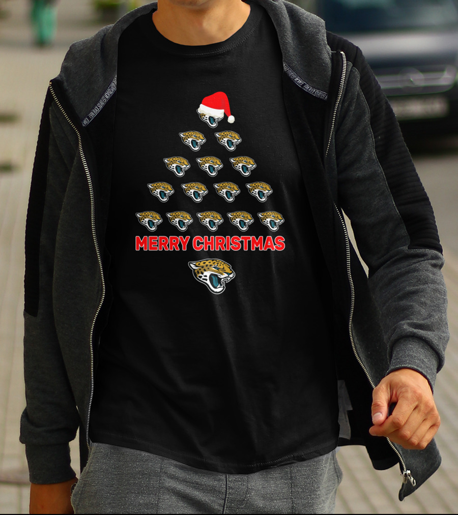 Jacksonville Jaguars Merry Christmas Tree With Santa Hat Decor For Fans T-Shirt