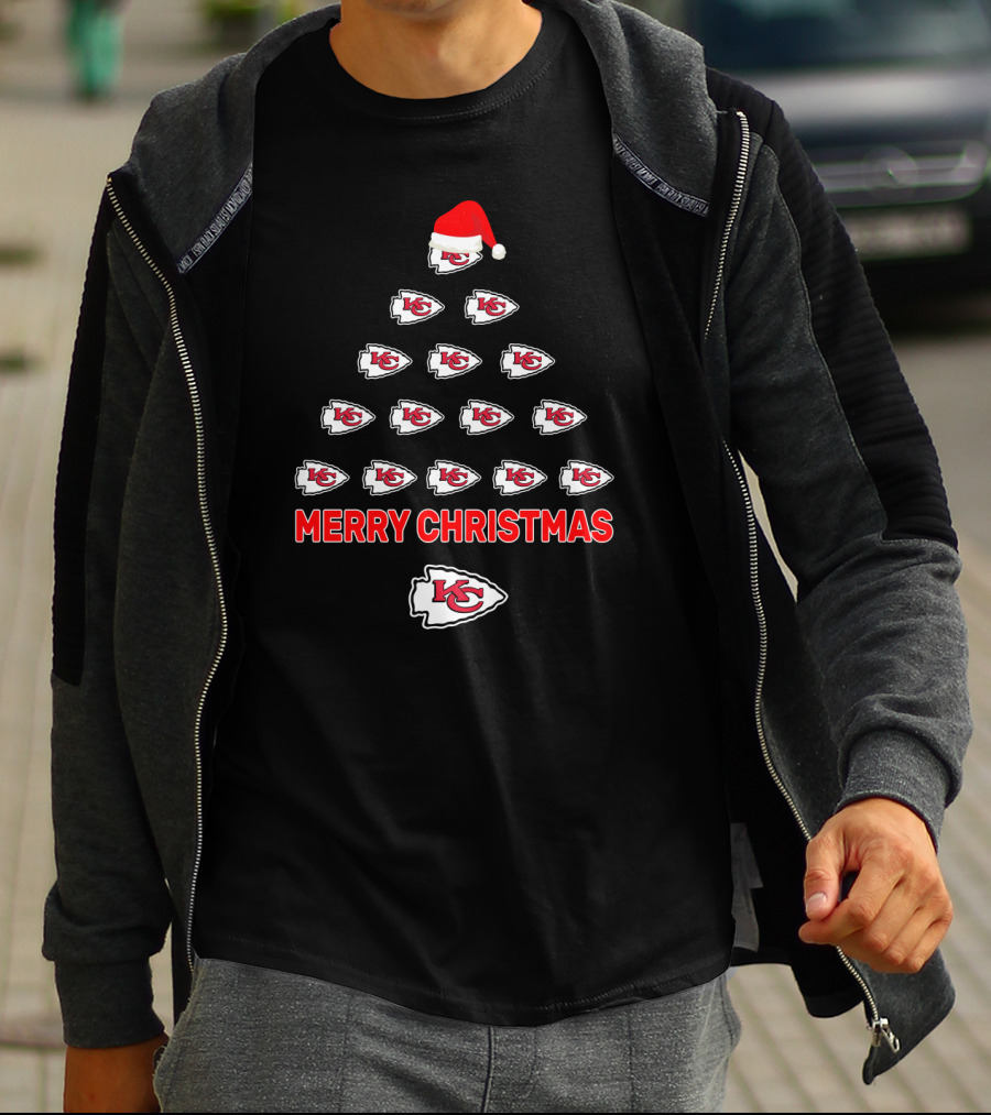 Merry Christmas Kansas City Chiefs Logo Tree With Santa Hat T-Shirt