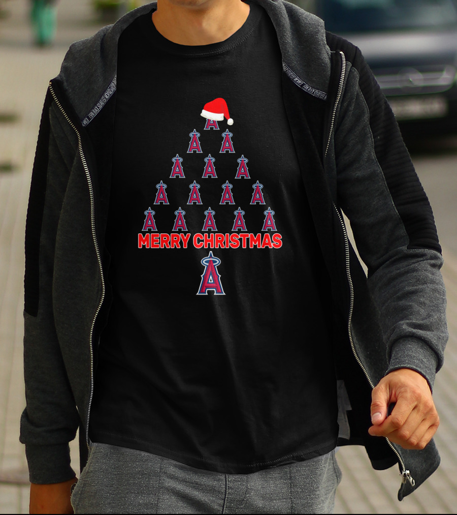 Merry Christmas Los Angeles Angels Logo Tree With Santa Hat T-Shirt