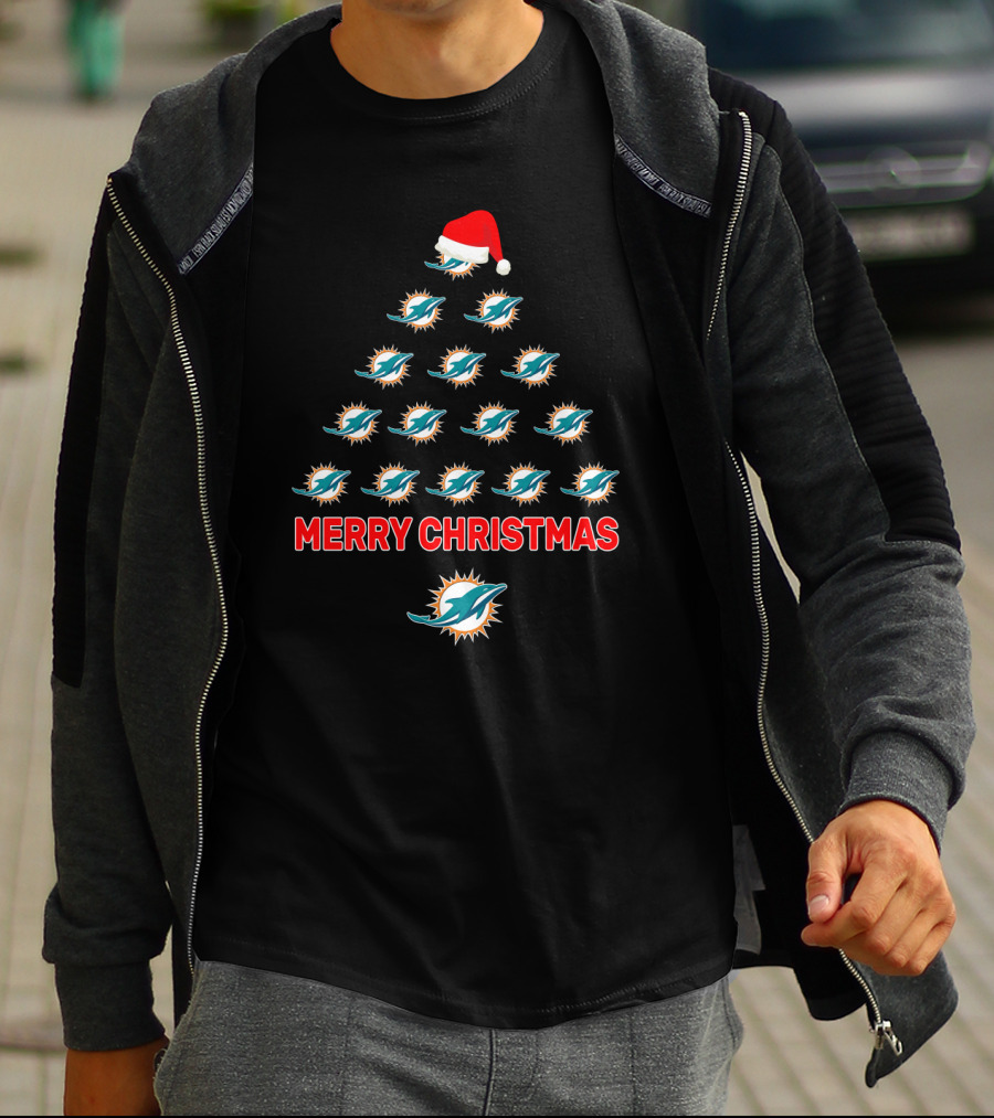 Merry Christmas Miami Dolphins Tree With Santa Hat T-Shirt