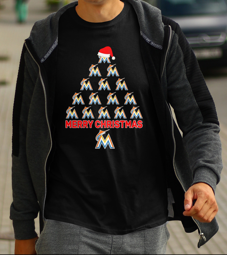 Merry Christmas Miami Marlins Logo Christmas Tree With Santa Hat T-Shirt