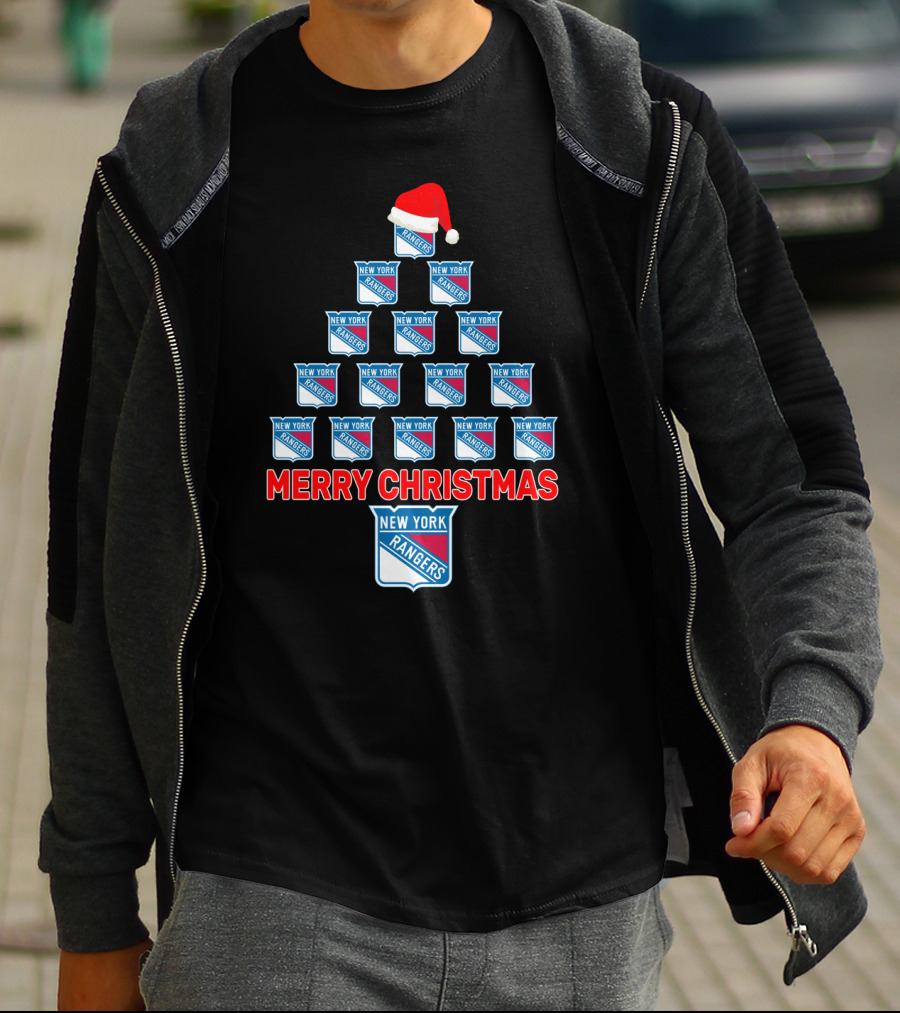Merry Christmas New York Rangers Tree With Santa Hat T-Shirt