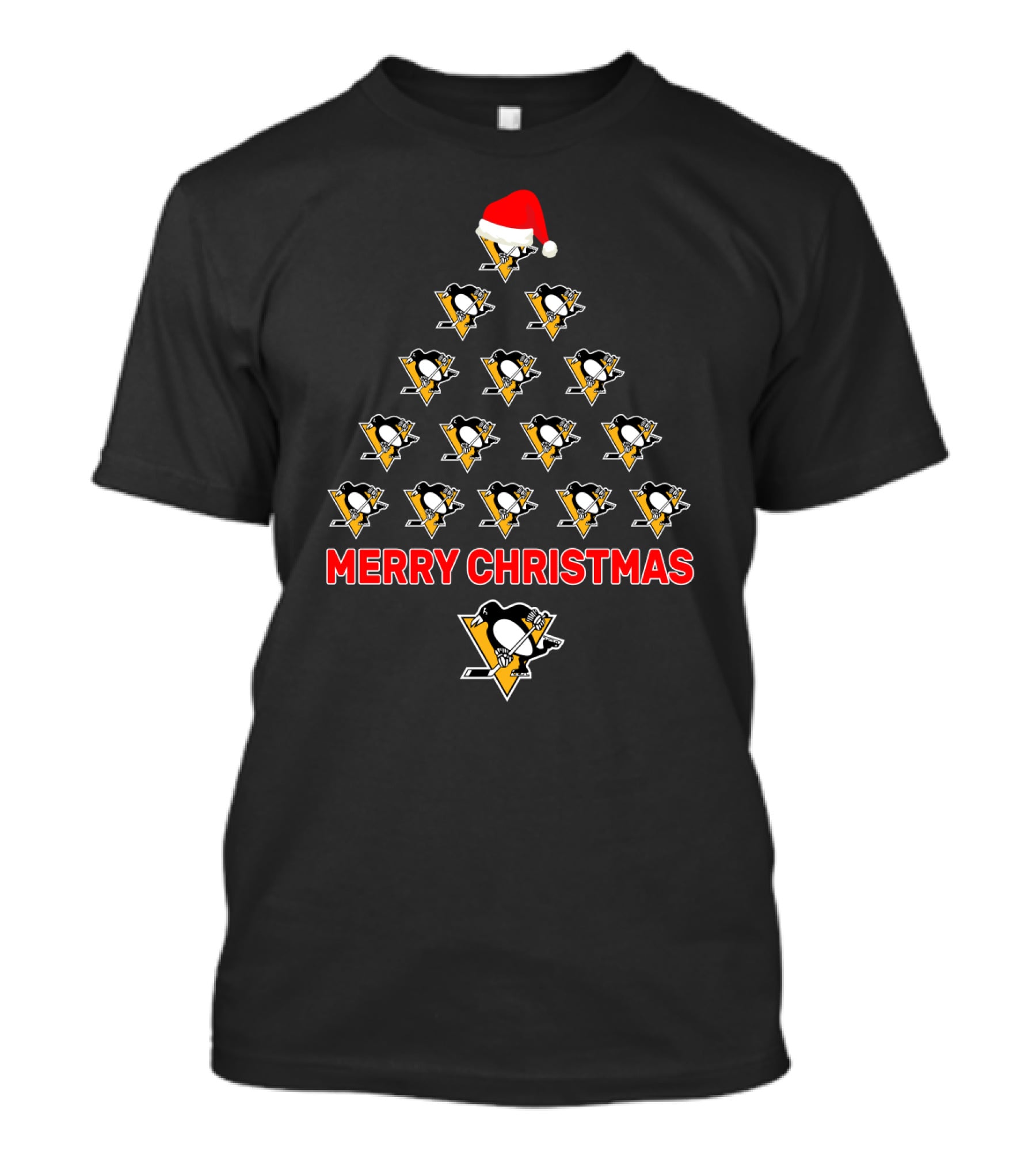 Merry Christmas Pittsburgh Penguins Santa Hat Hockey Tree T-Shirt