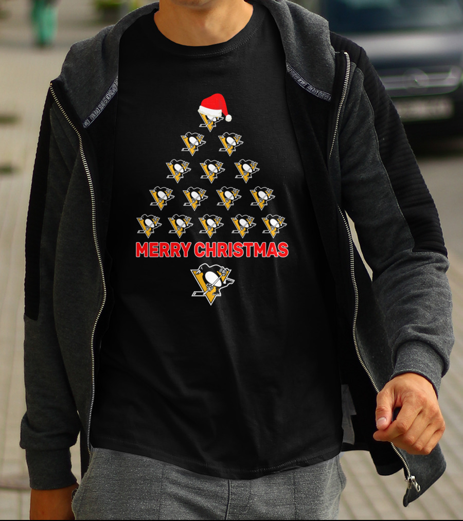 Merry Christmas Pittsburgh Penguins Santa Hat Hockey Tree T-Shirt