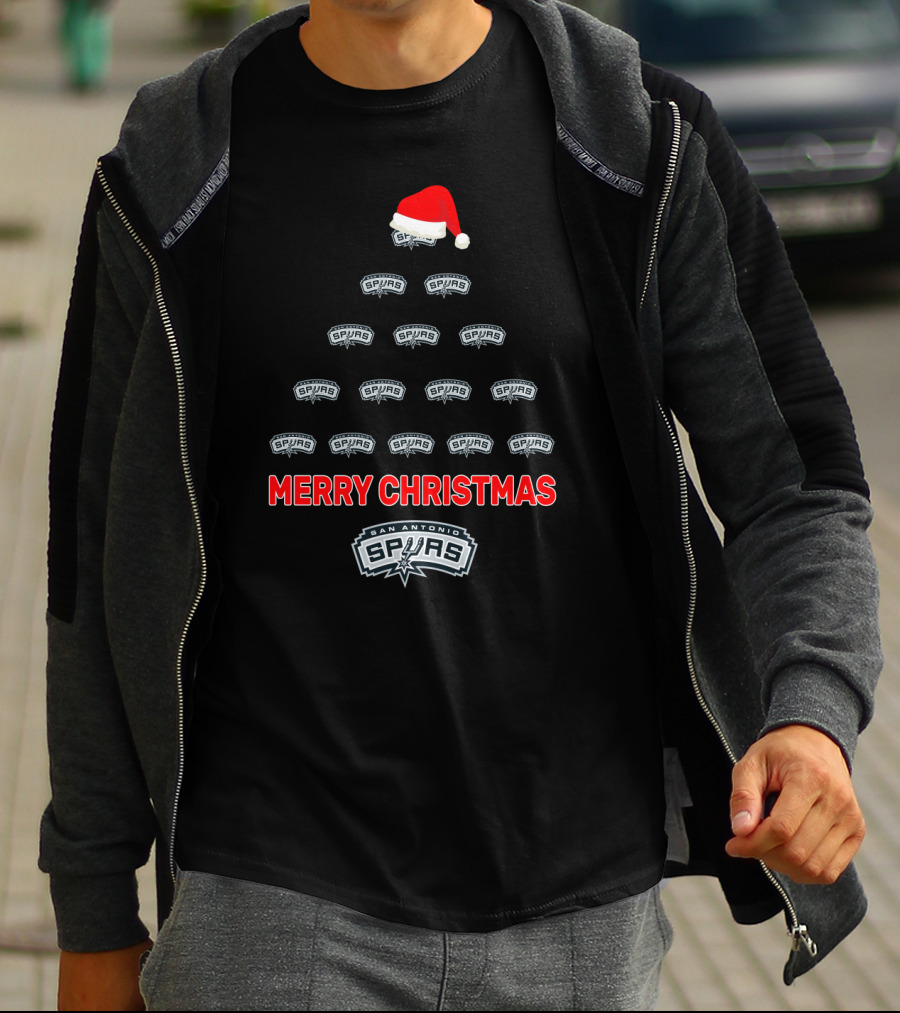 San Antonio Spurs Merry Christmas Tree With Santa Hat T-Shirt