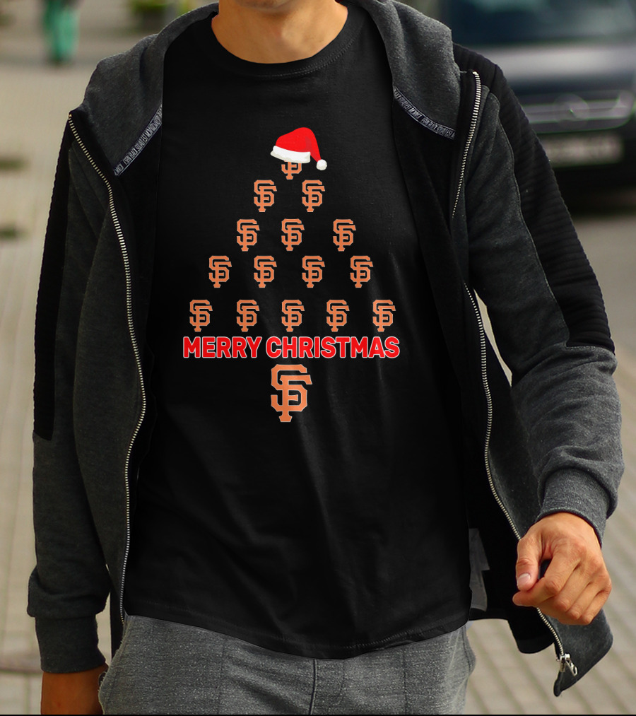 Merry Christmas San Francisco Giants Logo Tree With Santa Hat T-Shirt