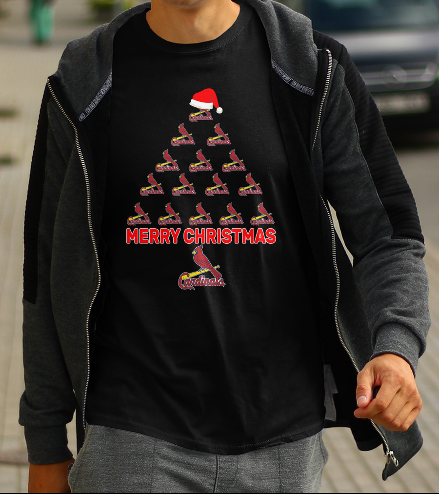 Merry Christmas Cardinals Tree With Santa Hat For St. Louis Fans T-Shirt