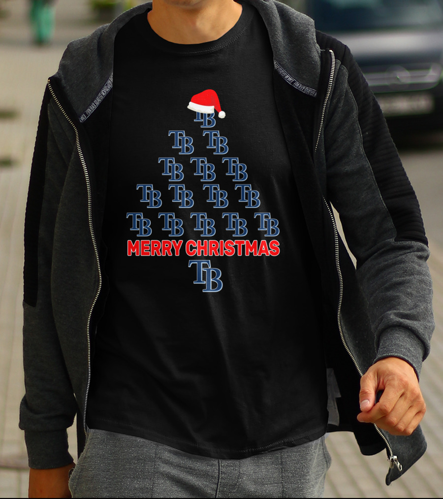 Merry Christmas Tampa Bay Rays Tb Christmas Tree With Santa Hat T-Shirt