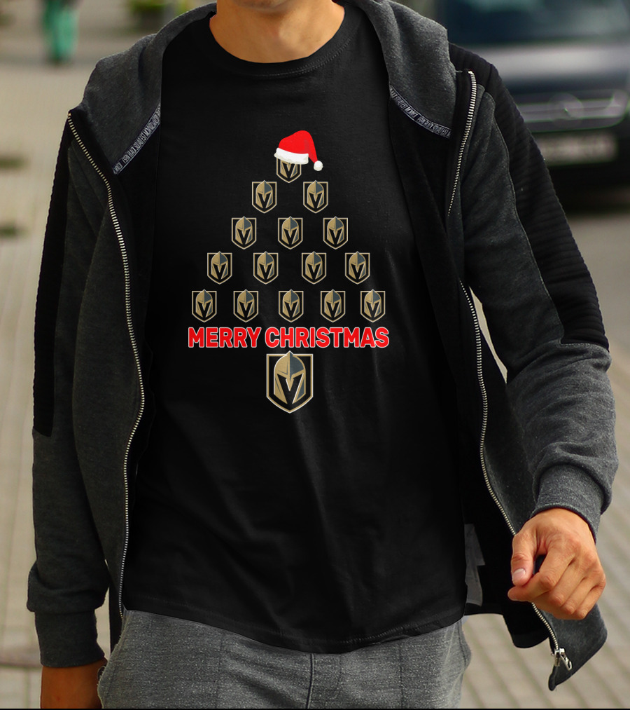 Merry Christmas Vegas Golden Knights Fan Christmas Tree With Santa Hat T-Shirt