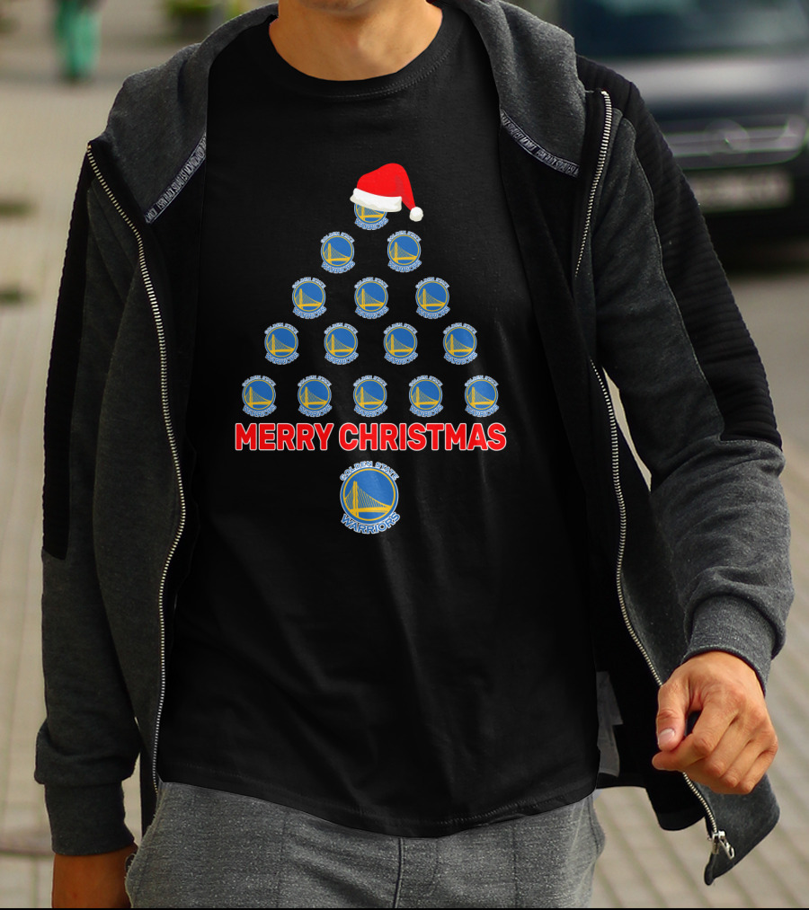 Merry Christmas Golden State Warriors Christmas Tree With Santa Hat T-Shirt