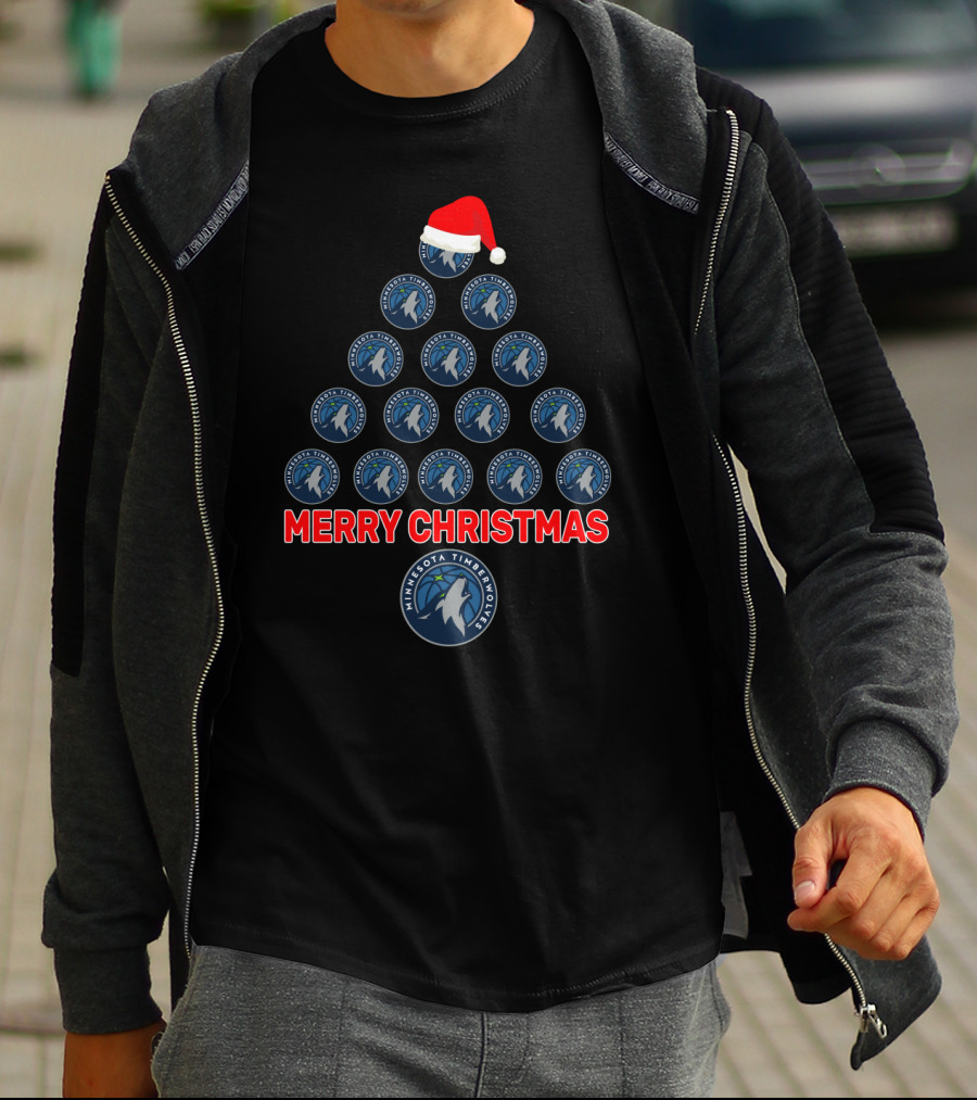 Merry Christmas Minnesota Timberwolves Tree With Santa Hat T-Shirt