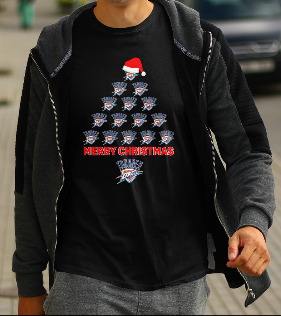 Merry Christmas Oklahoma City Thunder Logo Tree With Santa Hat T-Shirt