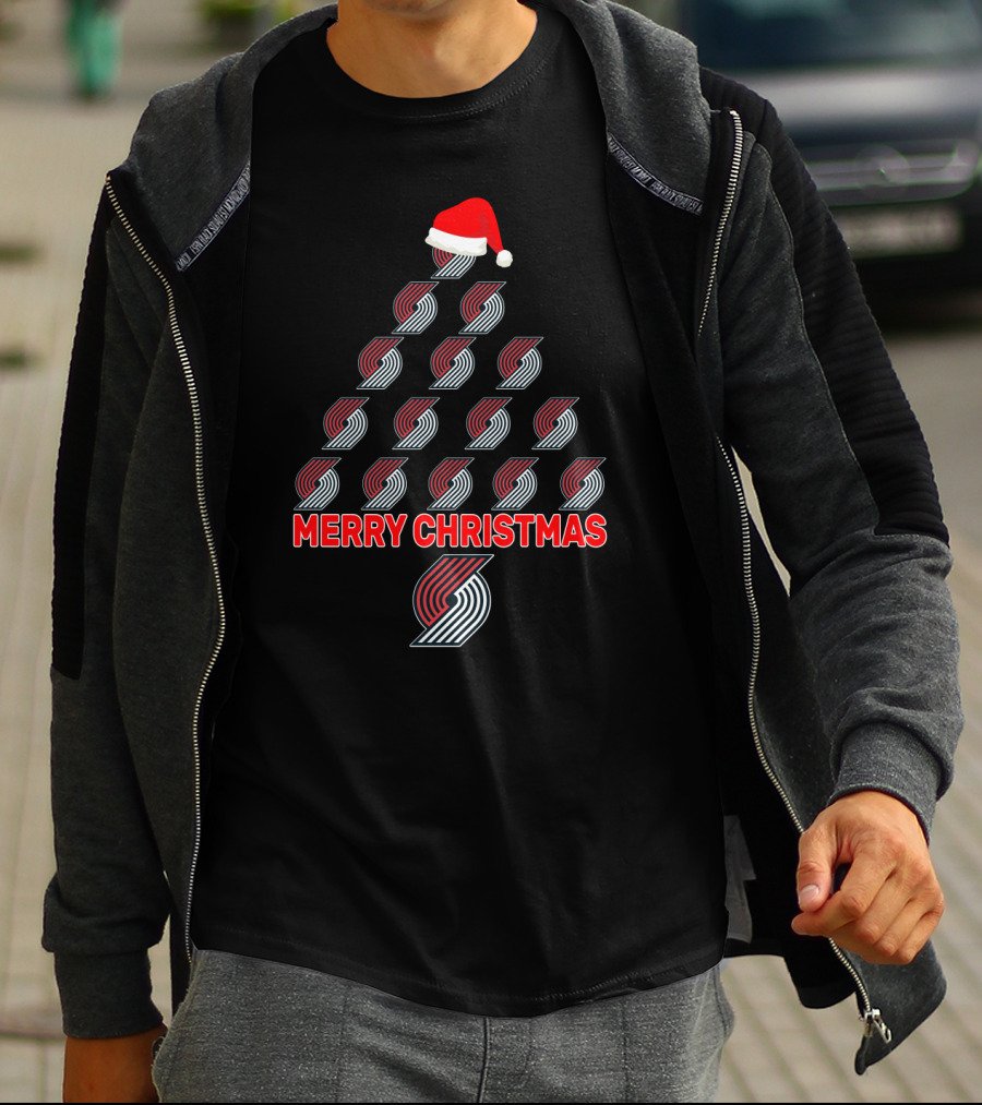 Merry Christmas Portland Trail Blazers Fans Tree With Santa Hat T-Shirt