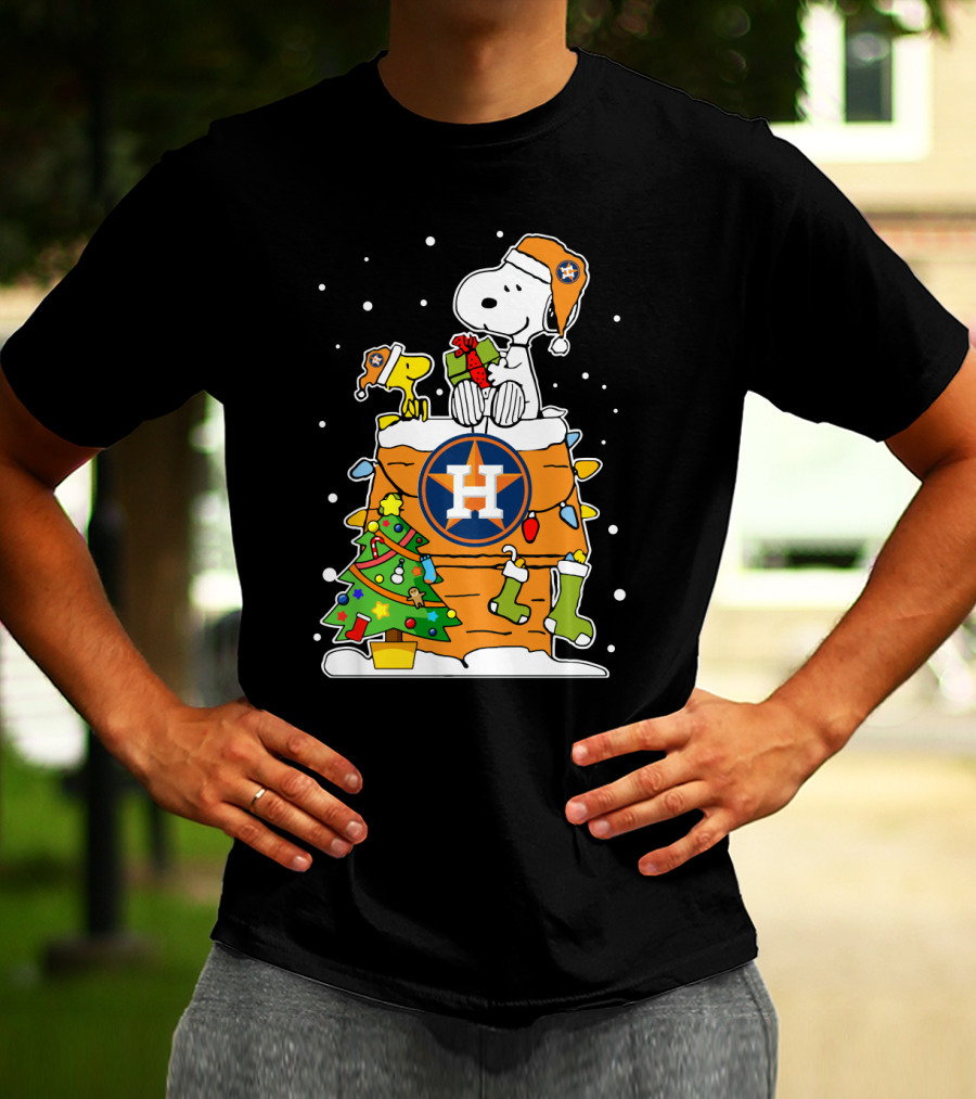 Houston Astros Snoopy Woodstock Christmas Tree Holiday Gift T-Shirt