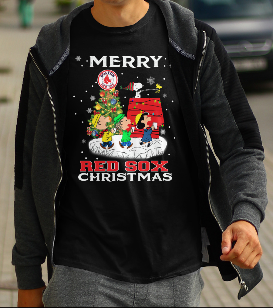 Merry Boston Red Sox Christmas Snoopy Fans Peanuts Holiday Celebration T-Shirt
