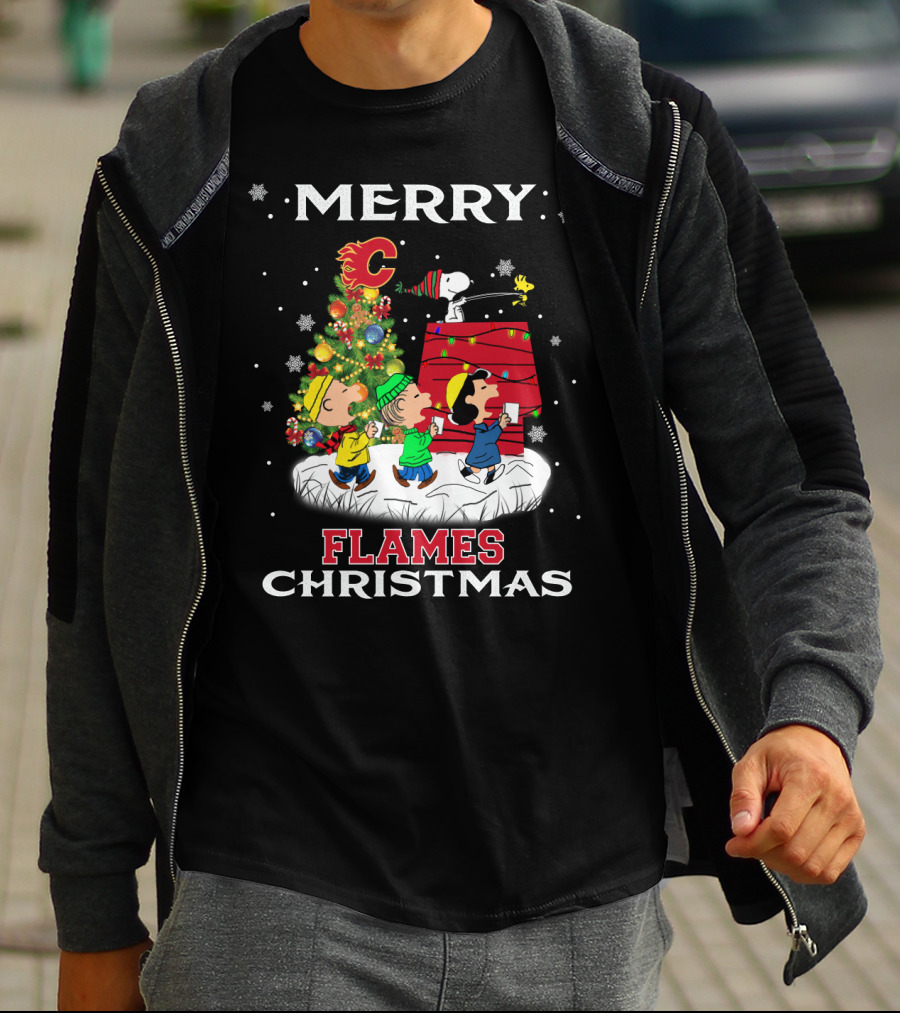 Merry Calgary Flames Christmas Snoopy Peanuts Tree T-Shirt