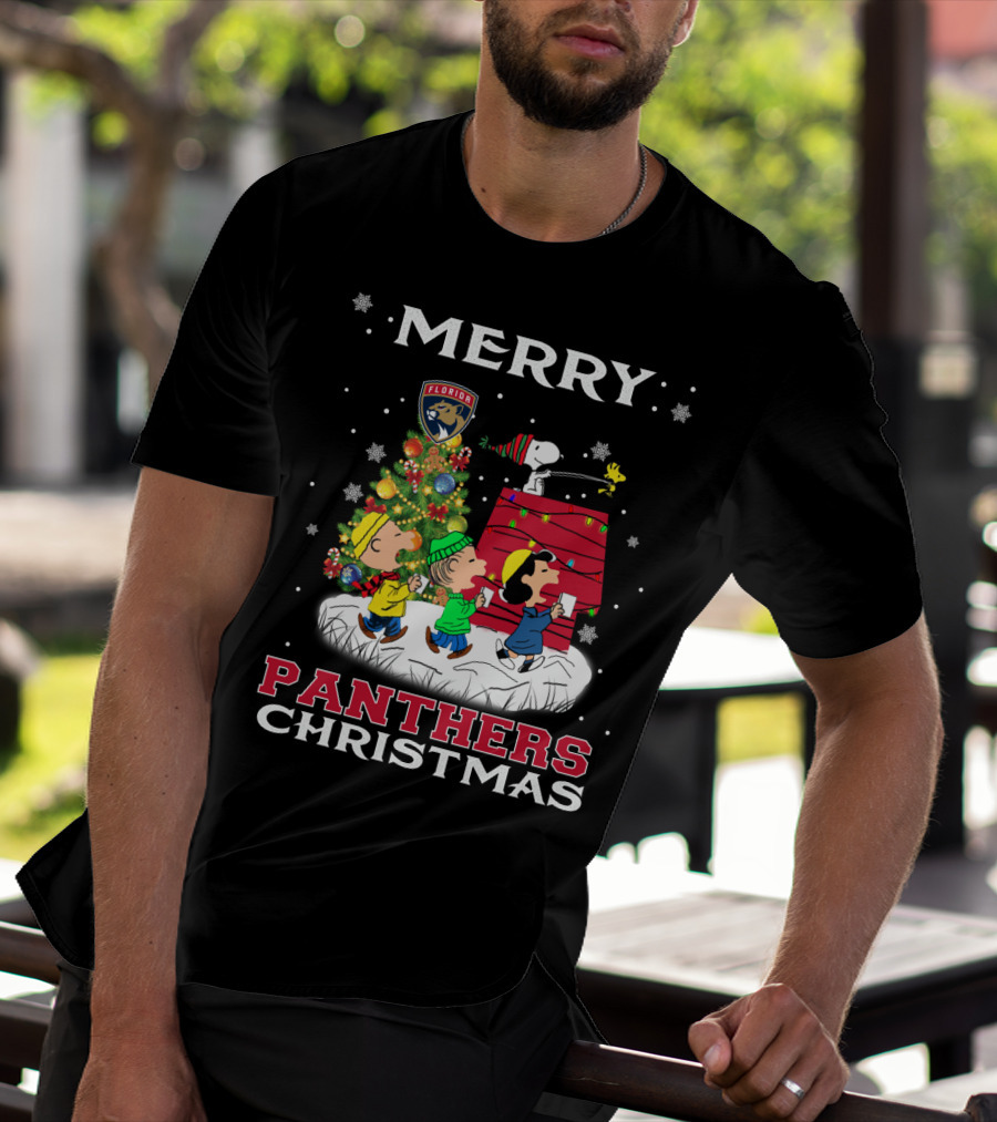 Merry Florida Panthers Christmas For Snoopy Fans With Charlie Brown And Woodstock T-Shirt