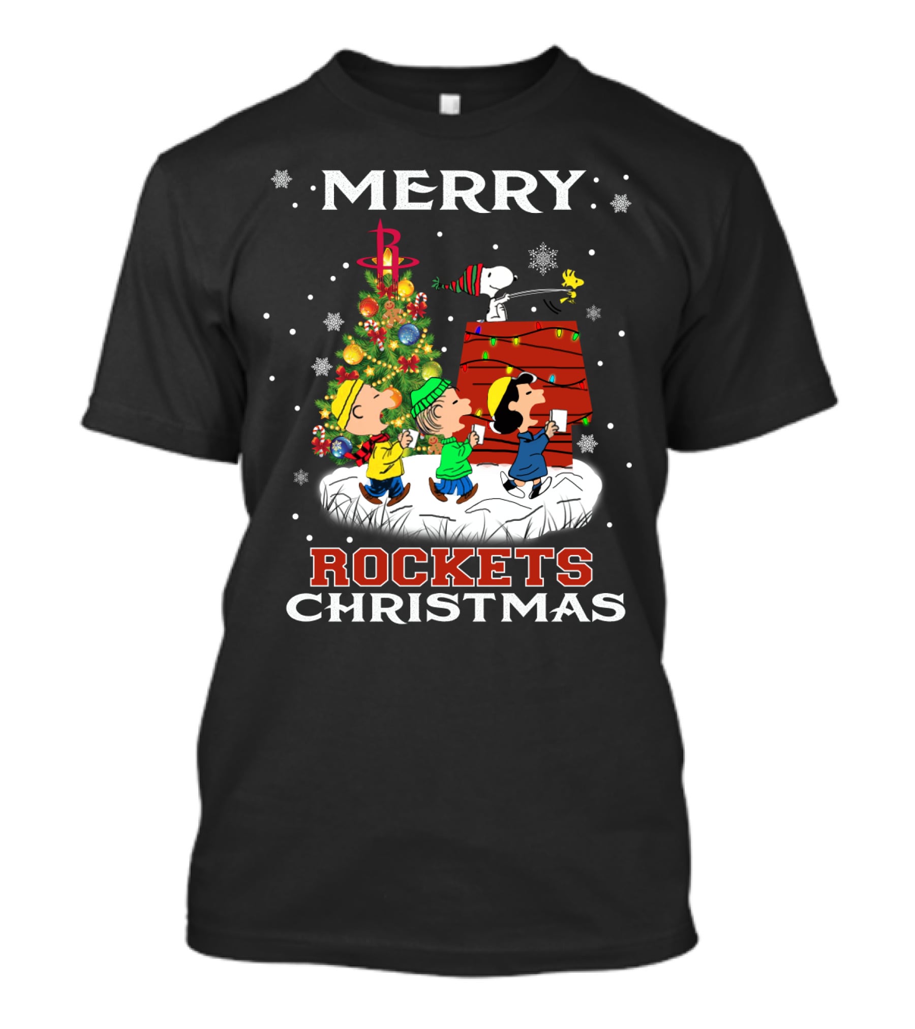 Merry Houston Rockets Christmas Snoopy Friends Peanuts Holiday Tree T-Shirt