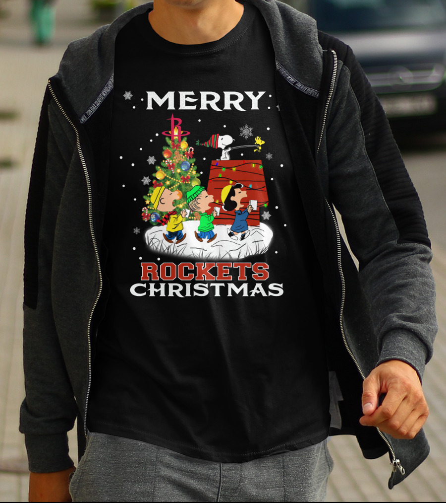 Merry Houston Rockets Christmas Snoopy Friends Peanuts Holiday Tree T-Shirt