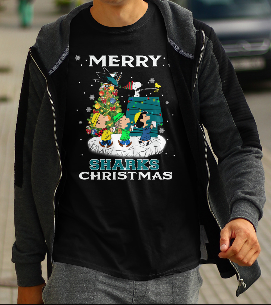 Merry San Jose Sharks Christmas With Snoopy And Peanuts Characters T-Shirt