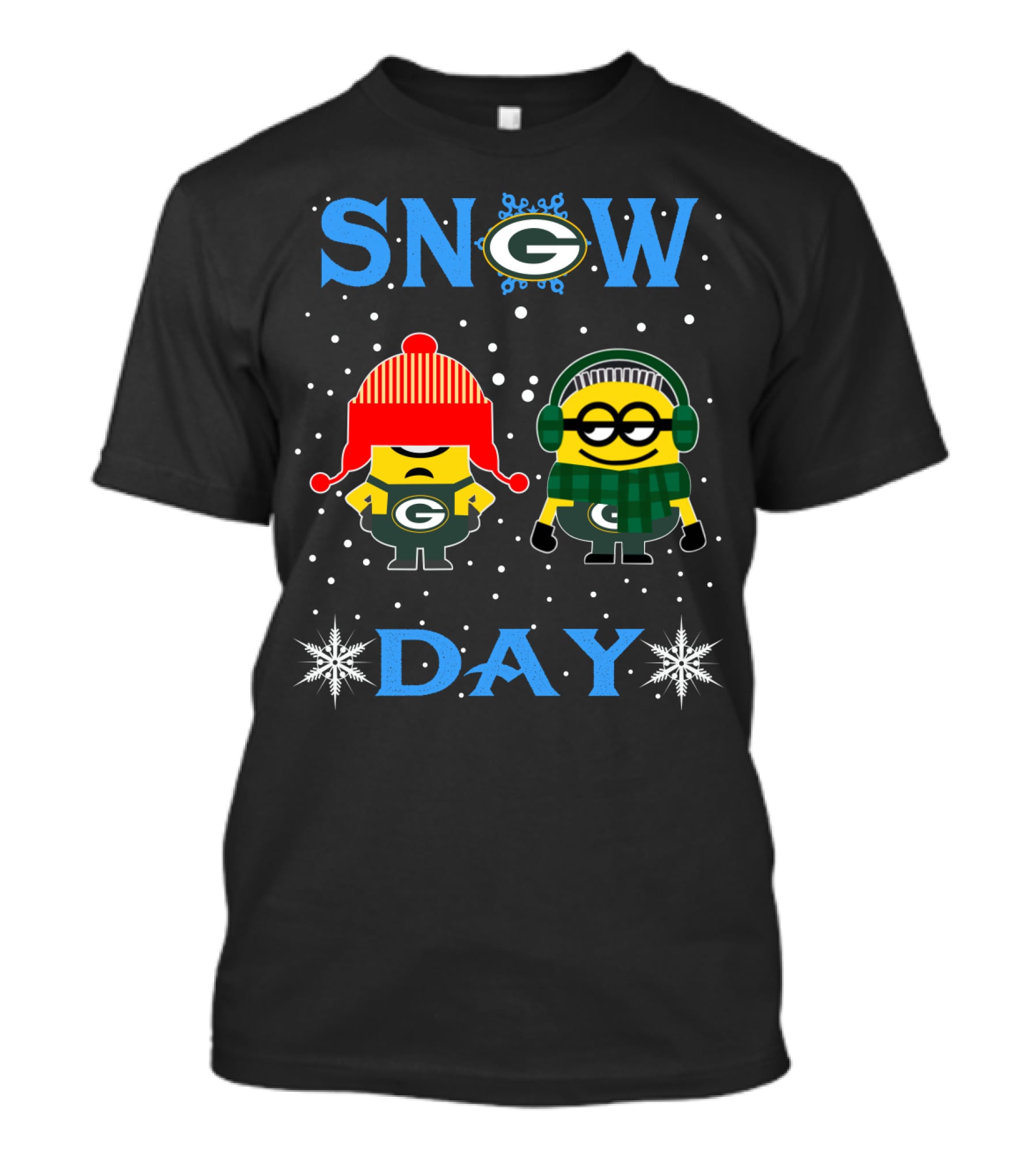 Green Bay Packers Snow Day Minions In Winter Gear Celebrating Snowflakes T-Shirt