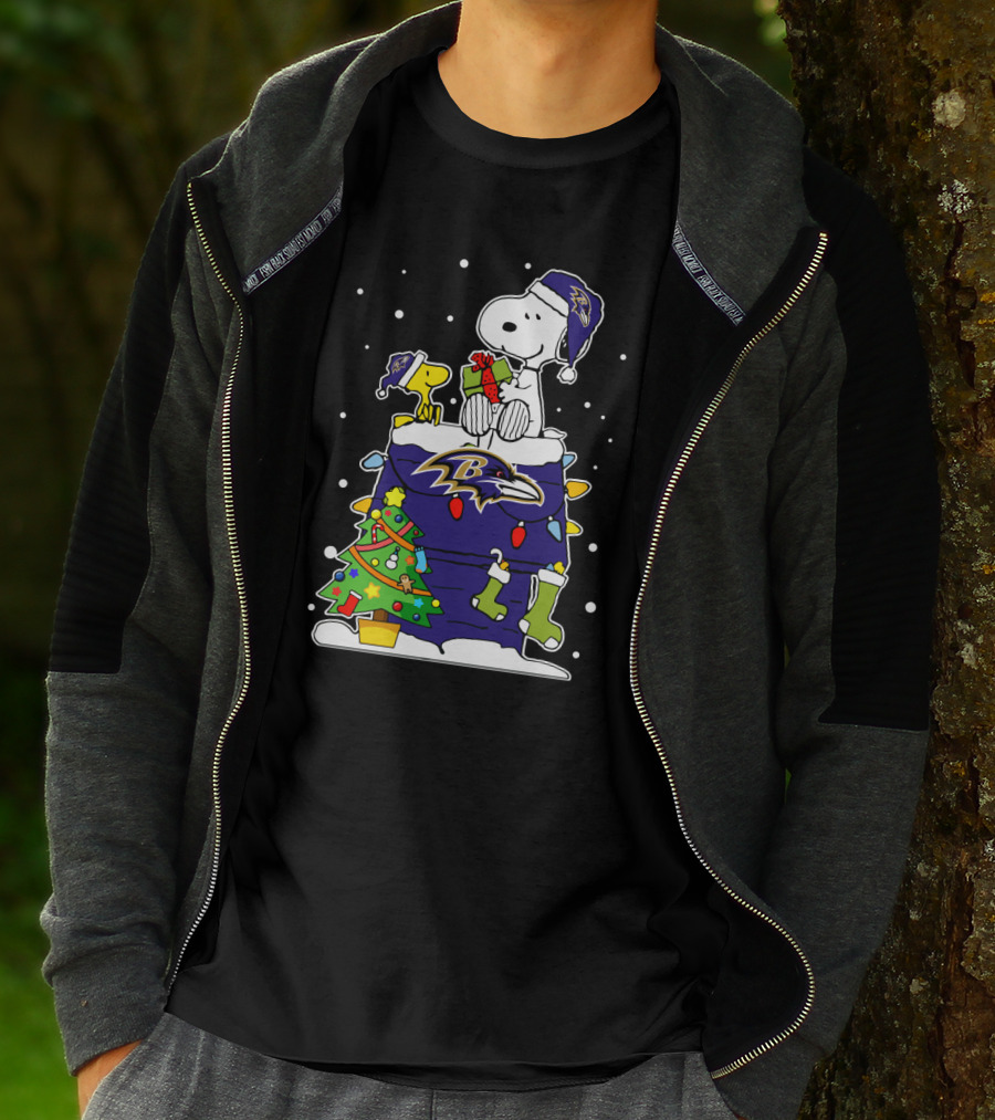 Baltimore Ravens Snoopy And Woodstock Christmas Tree Celebration T-Shirt