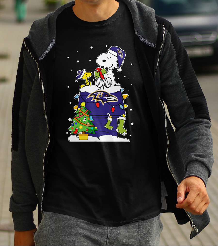 Baltimore Ravens Snoopy And Woodstock Christmas Tree Celebration T-Shirt