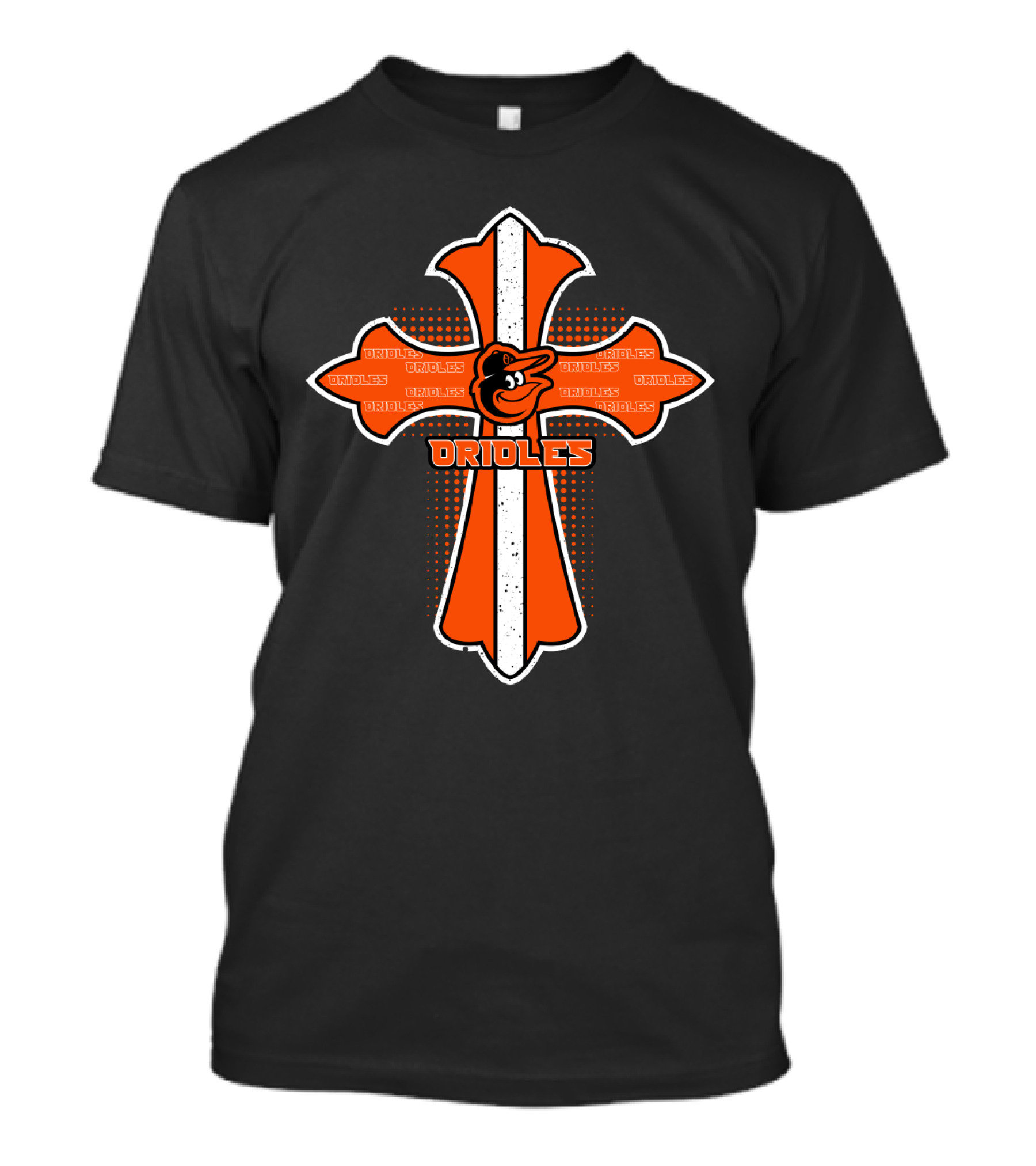 Cross Design Featuring Orioles Text And Mascot T-Shirt
