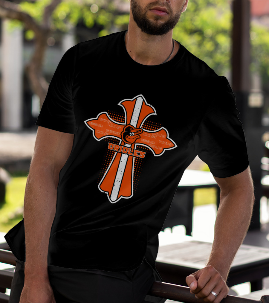 Cross Design Featuring Orioles Text And Mascot T-Shirt