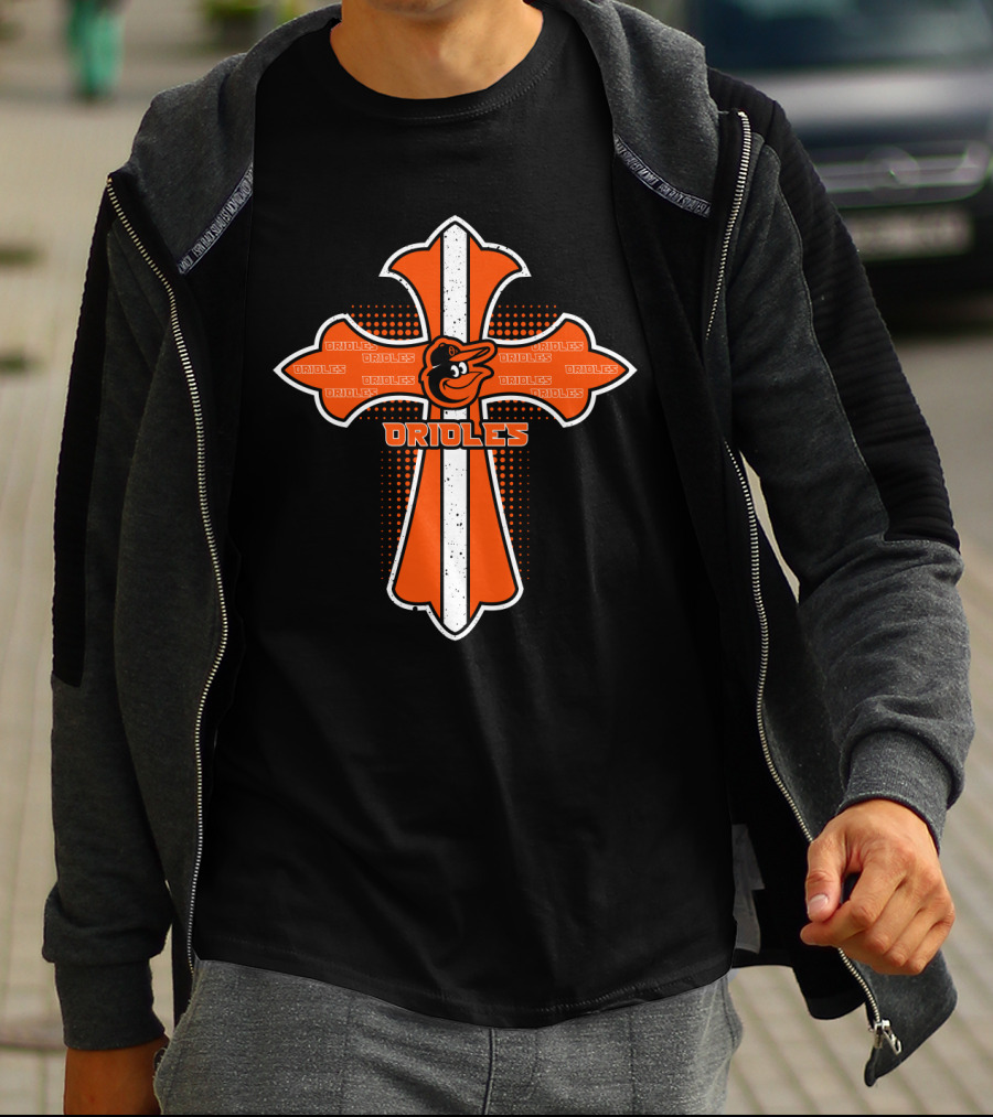 Cross Design Featuring Orioles Text And Mascot T-Shirt