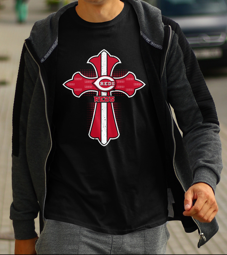 Cross Design Featuring Reds Logo For Cincinnati Reds Fans And Jesus Followers T-Shirt