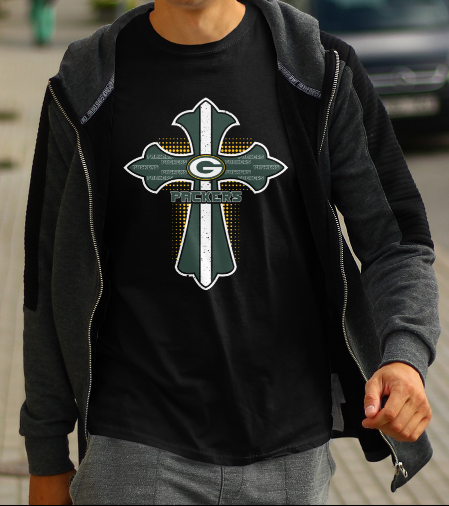 Cross Shaped Green Bay Packers Logo With Repeated Packers Text And Dotted T-Shirt
