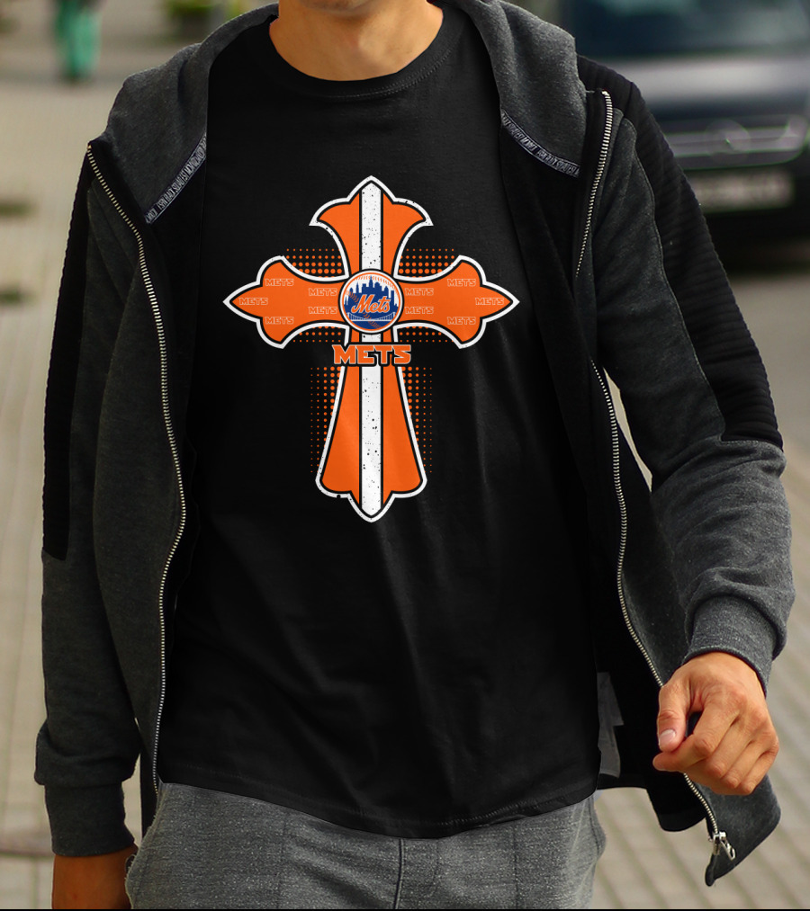 New York Mets Logo On Orange Cross With Fans Theme For Jesus Supporters T-Shirt