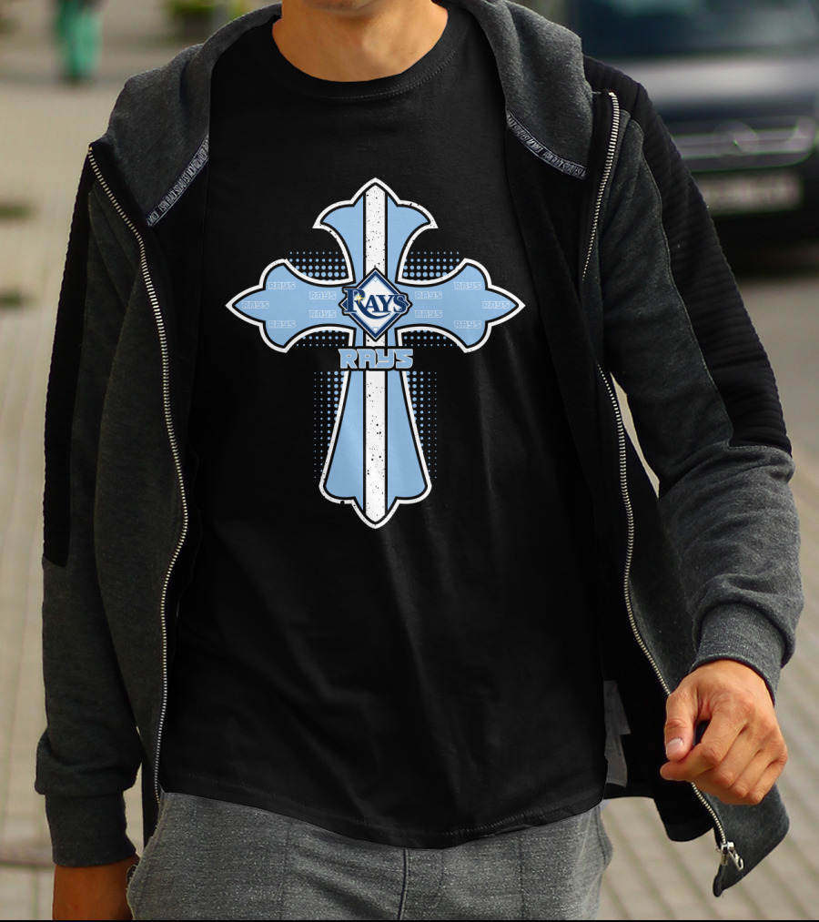 Rays Cross Design Featuring Tampa Bay Rays Text And Logo On Blue Cross T-Shirt