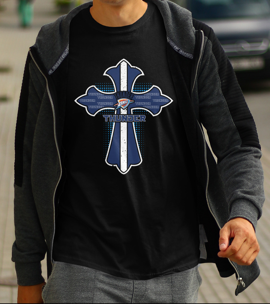 Jesus Cross With Oklahoma City Thunder Logo And Thunder T-Shirt