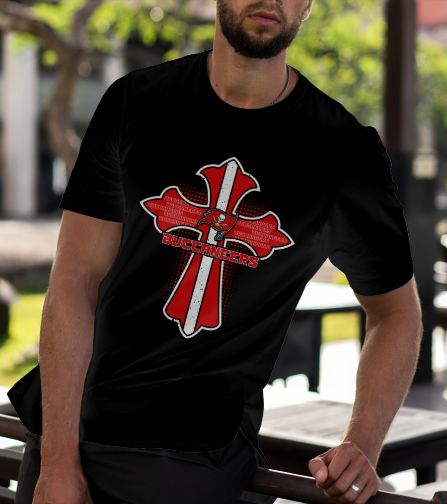 Cross Design With Tampa Bay Buccaneers Logo And Team Name T-Shirt