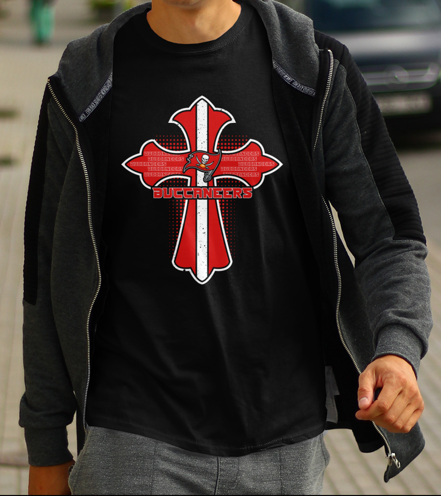 Cross Design With Tampa Bay Buccaneers Logo And Team Name T-Shirt
