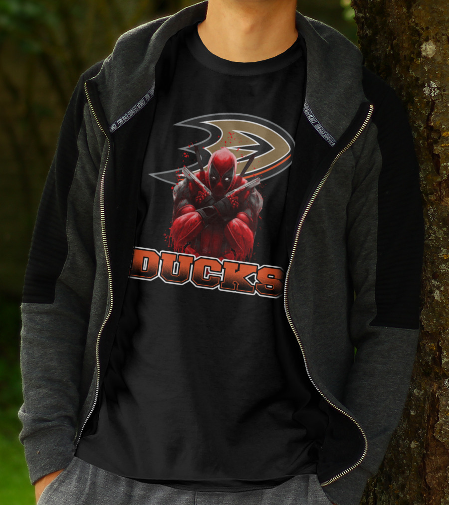Anaheim Ducks And Deadpool Mashup Featuring Iconic Logo And Comic Character T-Shirt
