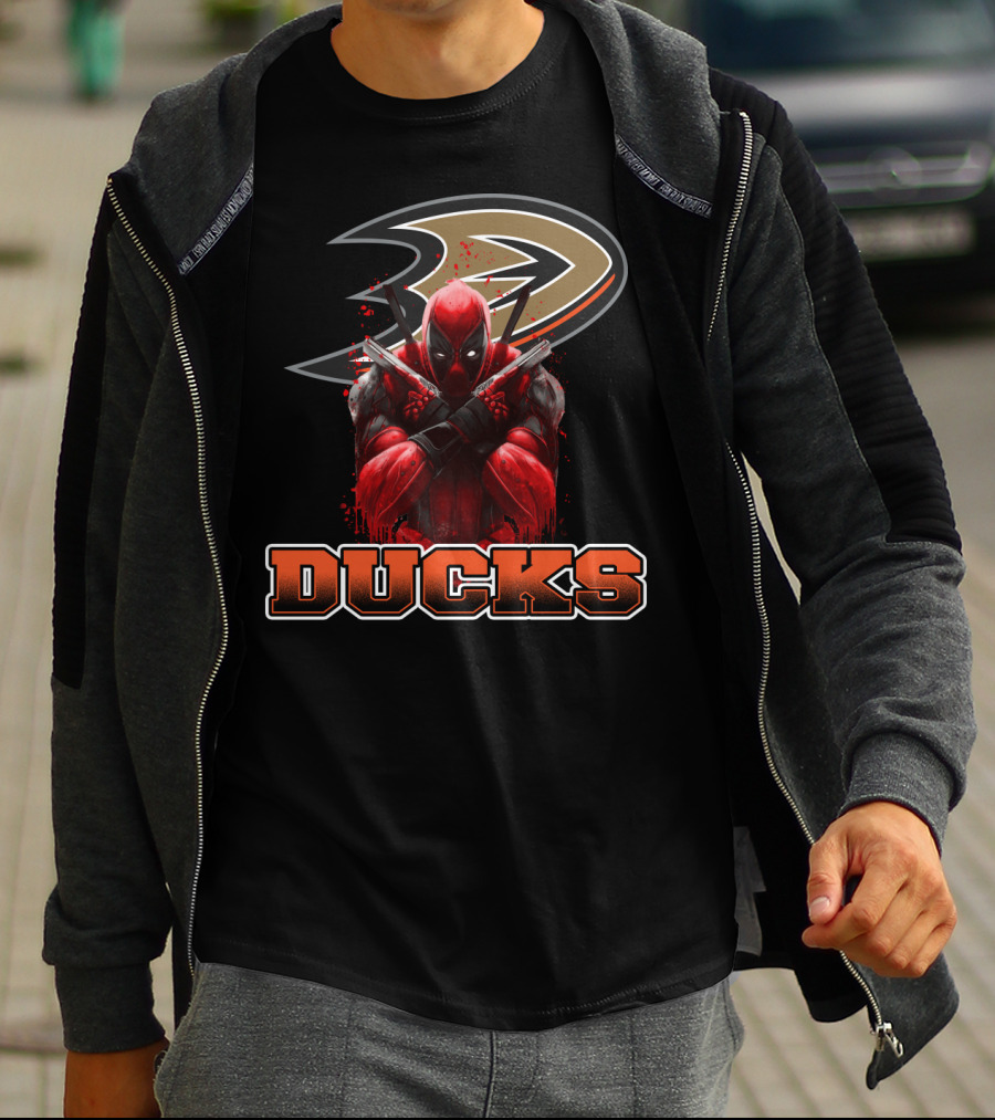 Anaheim Ducks And Deadpool Mashup Featuring Iconic Logo And Comic Character T-Shirt