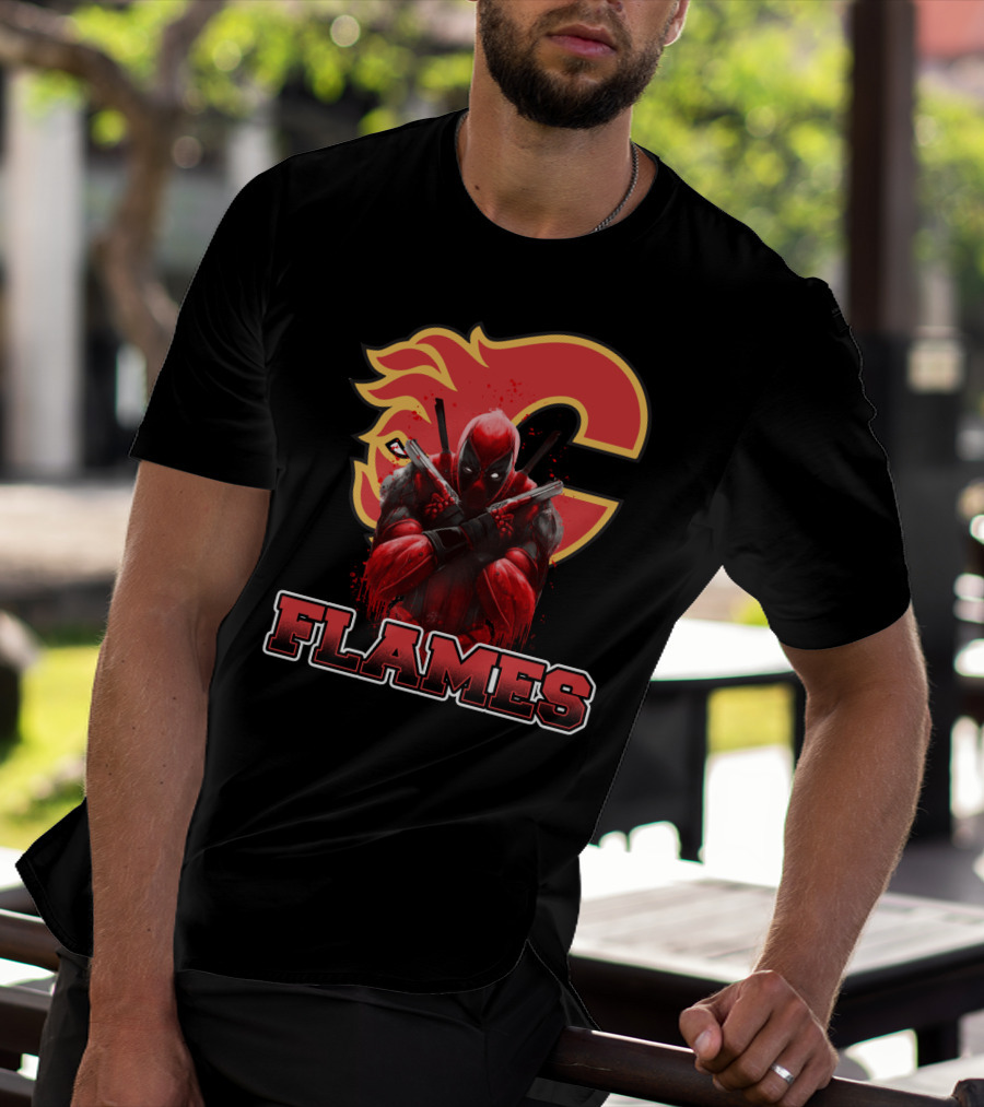 Calgary Flames Crossover With Deadpool Character Fan T-Shirt