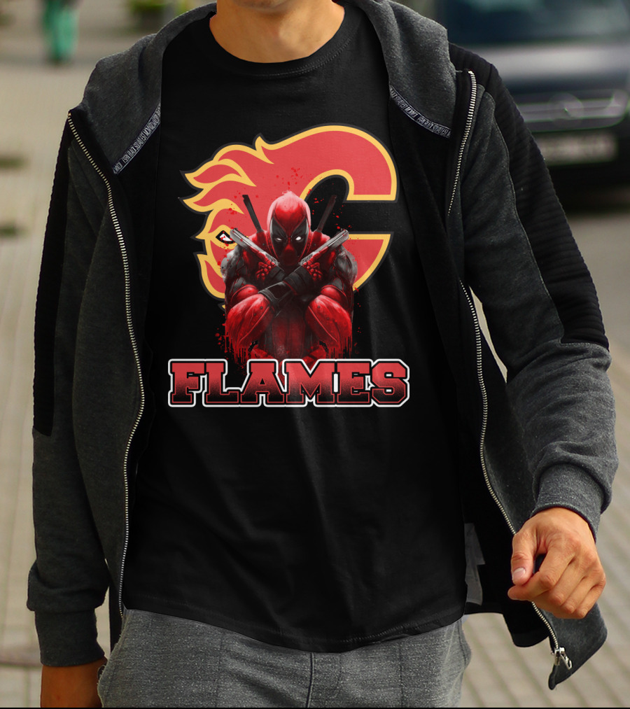 Calgary Flames Crossover With Deadpool Character Fan T-Shirt