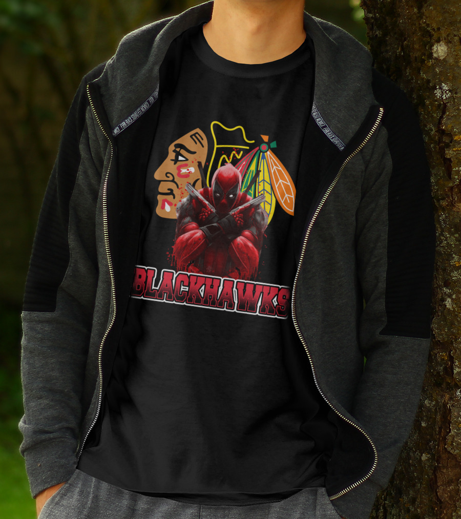 Blackhawks Deadpool Fan Crossover Artwork Featuring Team Logo And Comic Character T-Shirt