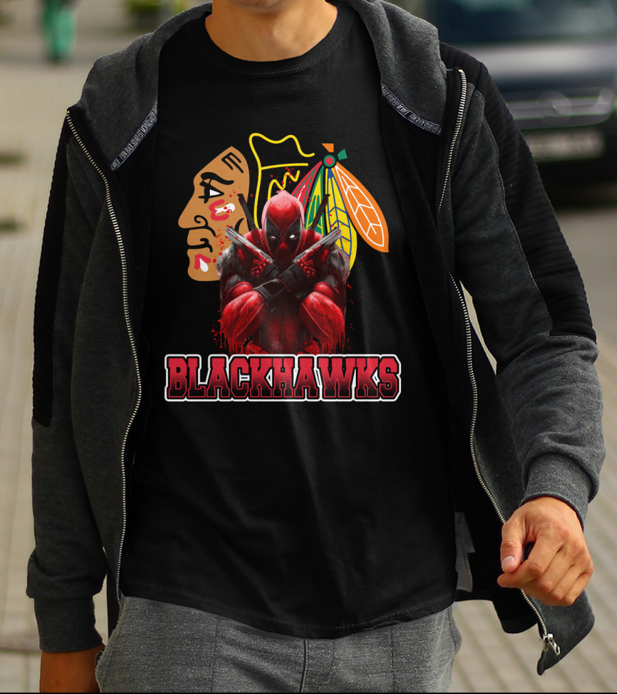 Blackhawks Deadpool Fan Crossover Artwork Featuring Team Logo And Comic Character T-Shirt