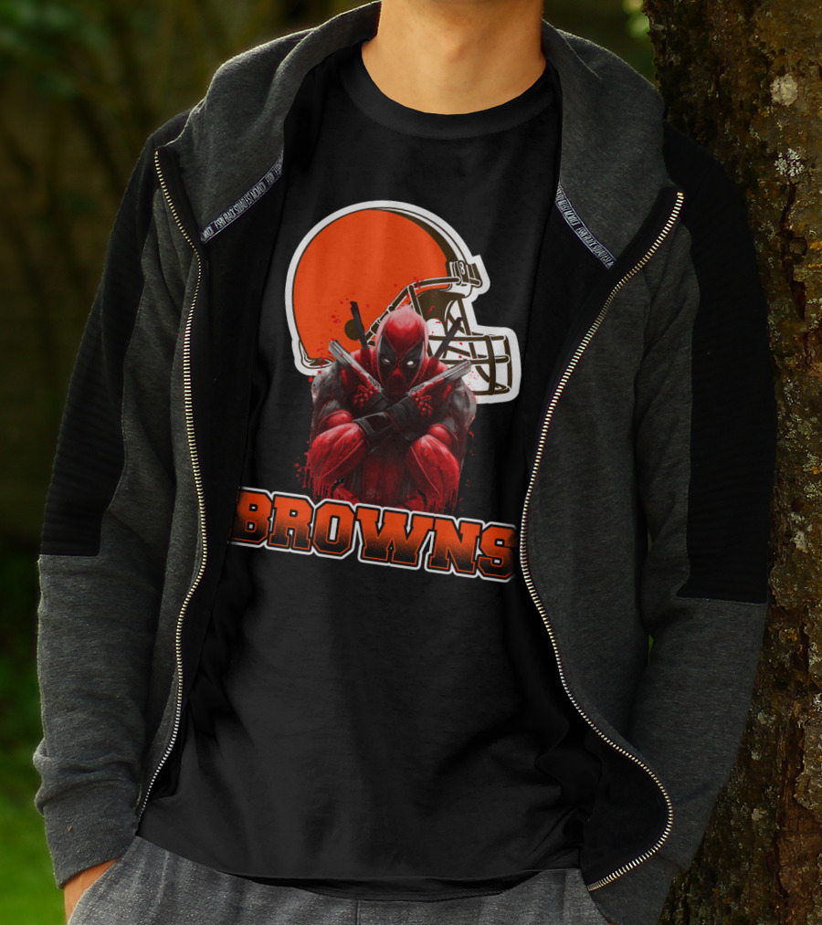 Cleveland Browns And Deadpool Crossover With Iconic Helmet And Character T-Shirt