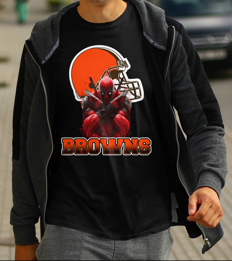 Cleveland Browns And Deadpool Crossover With Iconic Helmet And Character T-Shirt