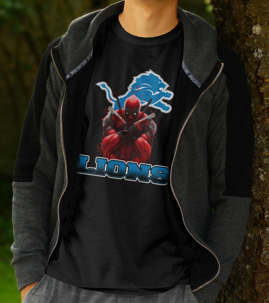 Detroit Lions Deadpool Crossover Fans Blue Lion T-Shirt