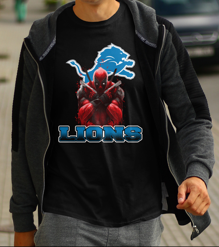 Detroit Lions Deadpool Crossover Fans Blue Lion T-Shirt