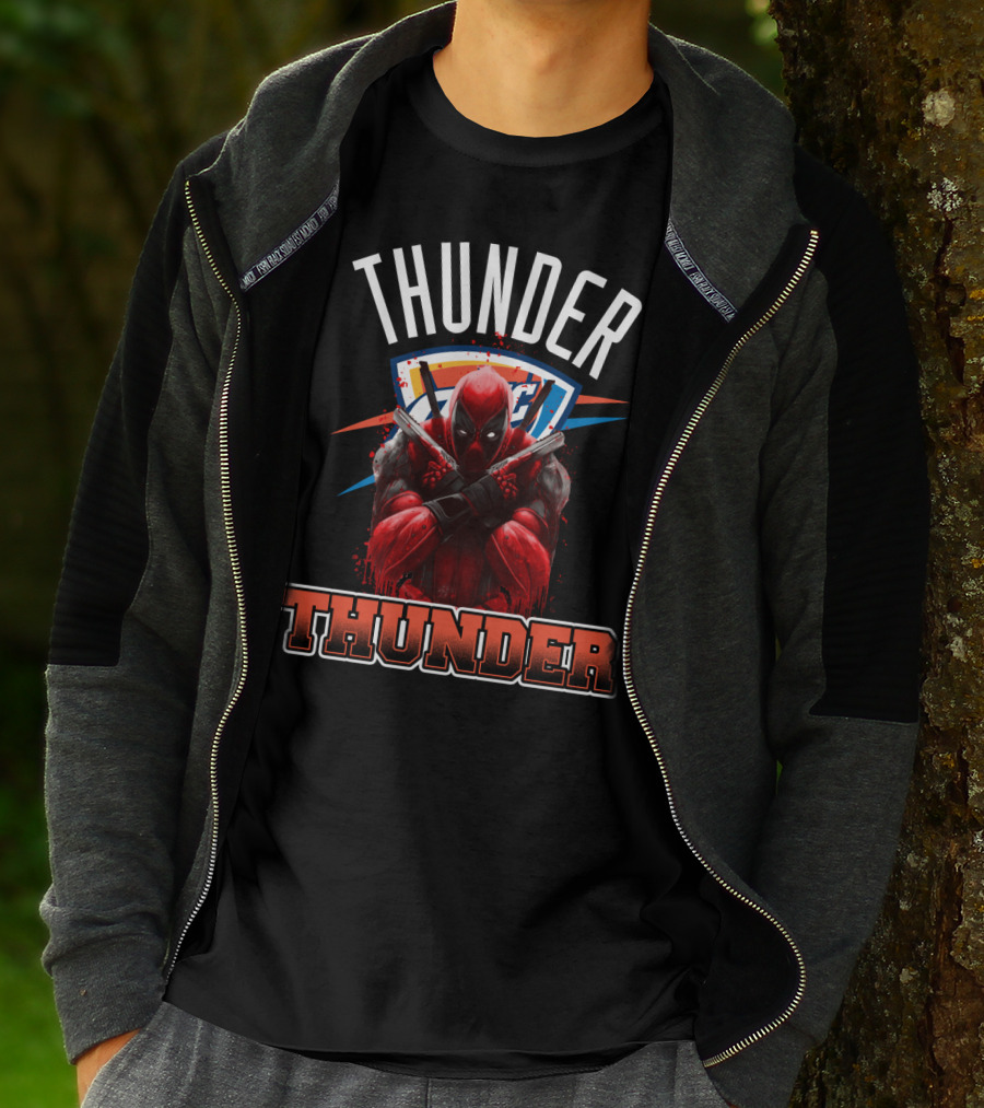 Thunder Crossover With Iconic Marvel Character On Oklahoma City Background T-Shirt