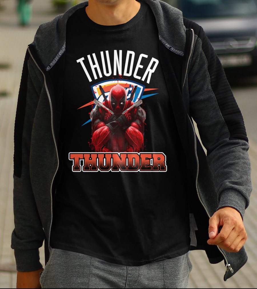 Thunder Crossover With Iconic Marvel Character On Oklahoma City Background T-Shirt